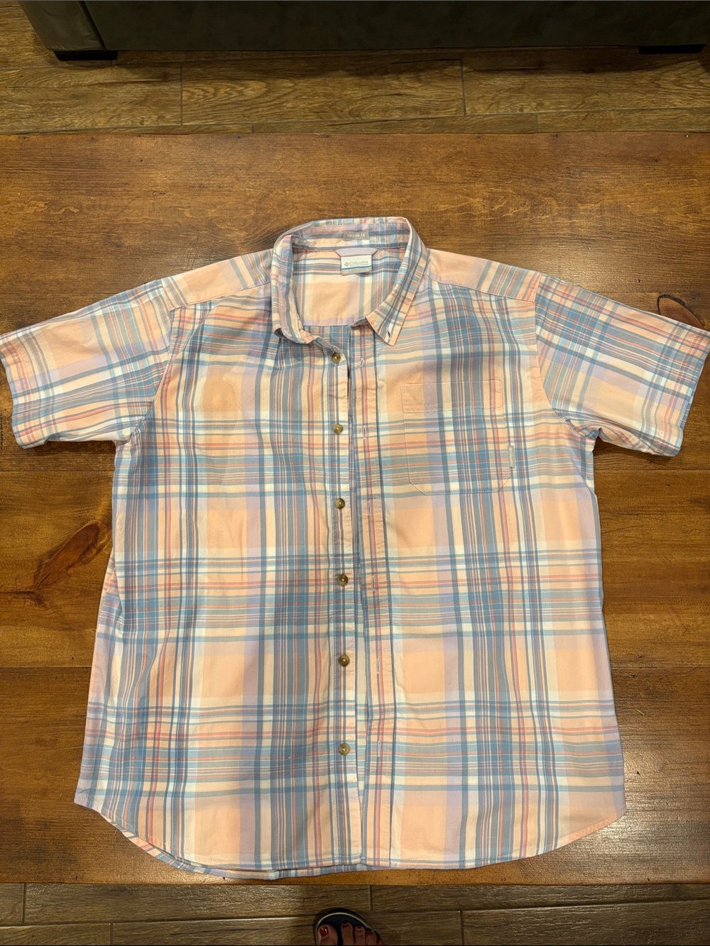 Columbia Men's Short-Sleeve Plaid Button-Down Shirt in Peach & Light Blue
